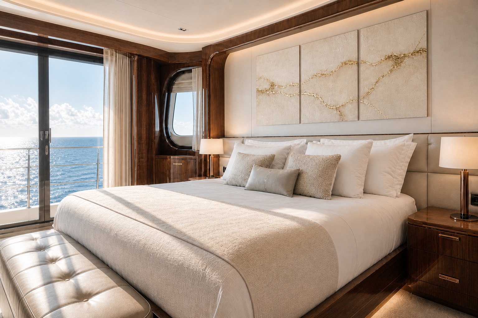 Original Dani Abbott artwork in a yacht owner's suite, seen toward the window and open sea.