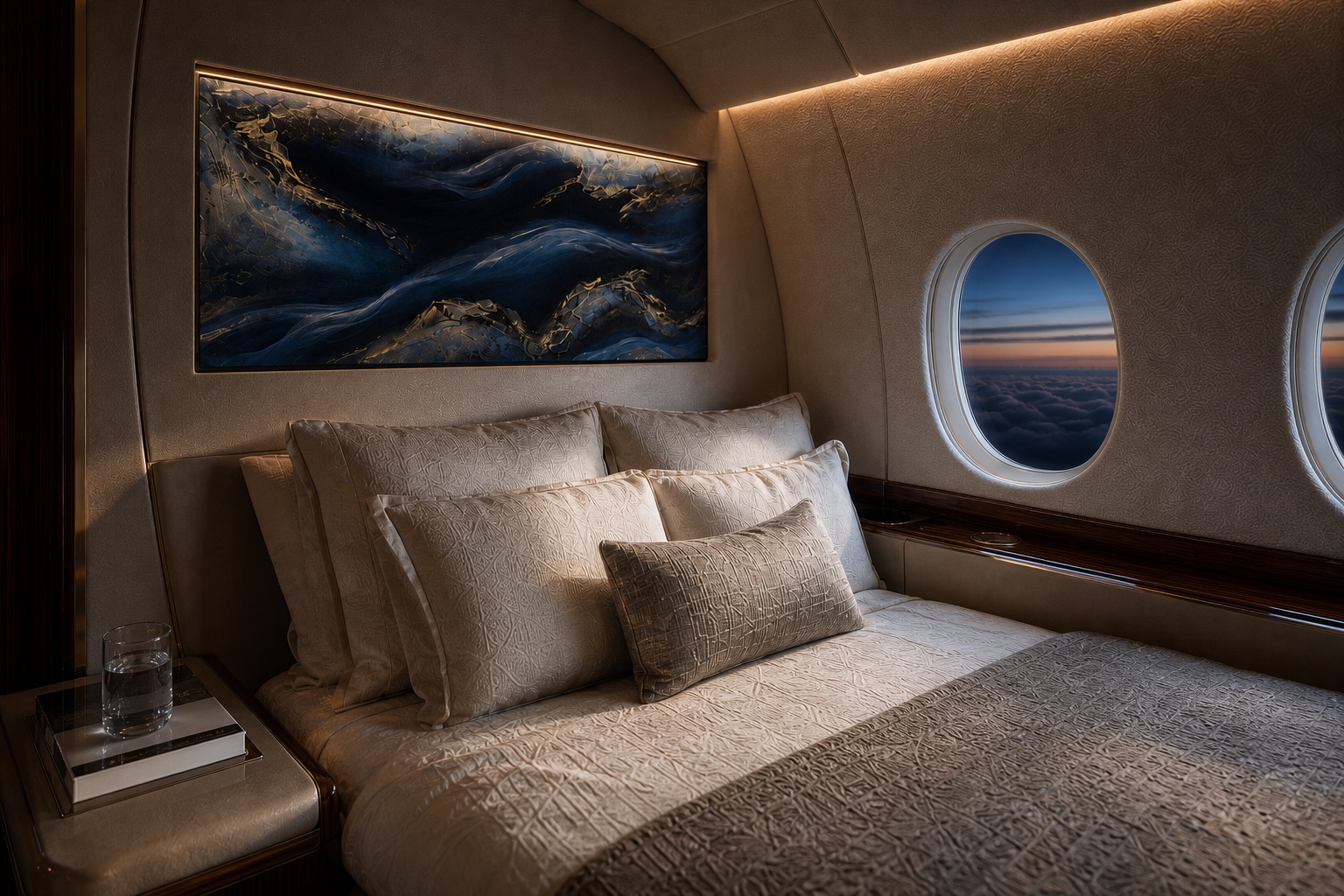 Original Dani Abbott artwork in a private jet stateroom, viewed from the bed toward the cabin windows.
