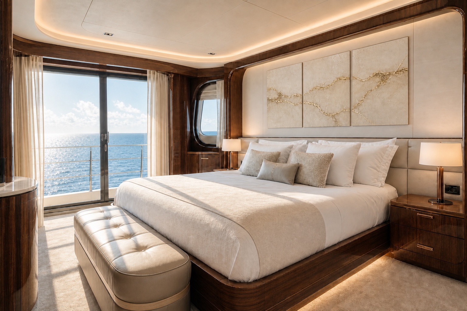 Original ivory and gold three panel artwork by Dani Abbott above the bed in a yacht owner's suite with morning light.