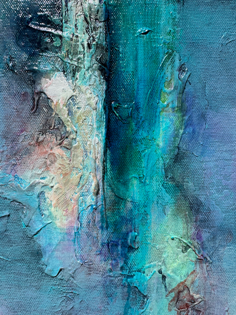 Detail of Secret Pools by Dani Abbott, showing layered acrylic texture in turquoise, blue, gray, and soft violet tones.