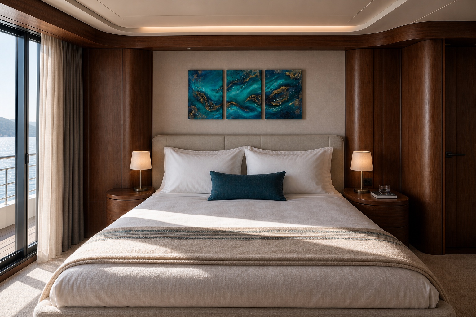 Original three panel artwork by Dani Abbott in a yacht stateroom, viewed straight on.