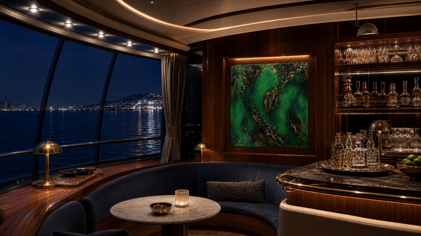 Original emerald and gold artwork by Dani Abbott recessed into the joinery of a yacht cocktail salon at night.