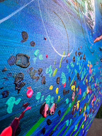 Close detail of Enchanted by Dani Abbott, showing layered acrylic paint and color variation.