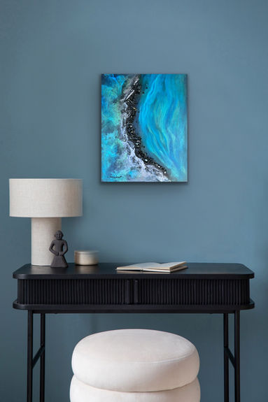 Angled view of Coastal Breeze by Dani Abbott, showing the textured mixed media surface and dimensional accents.