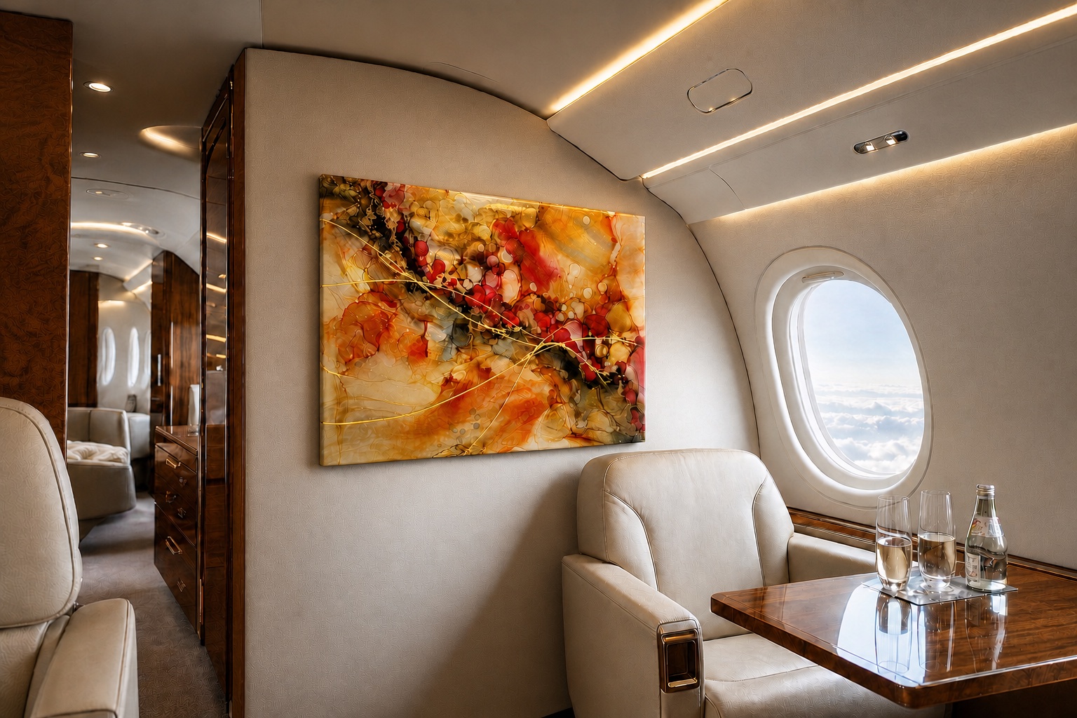 Original textural artwork in warm amber and gold by Dani Abbott, installed in a private jet cabin above the seating area.