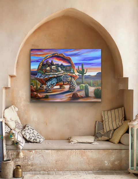 Secrets of a Desert Dweller by Dani Abbott displayed framed in a Southwestern arched niche above a cushioned bench.