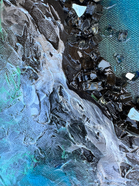 Close detail of Coastal Breeze by Dani Abbott, showing textured acrylic movement and silver metallic accents.