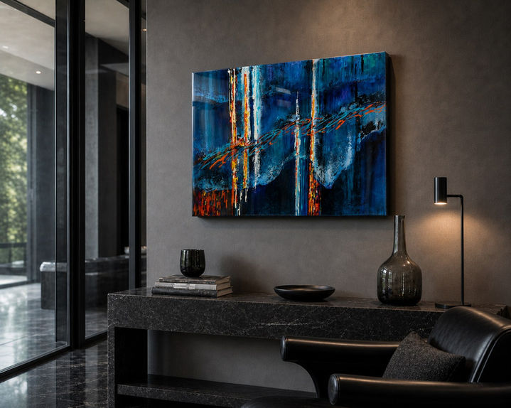 Right angled view of Undercurrents by Dani Abbott in a black collector-room setting with dark furniture and sculptural lighting.
