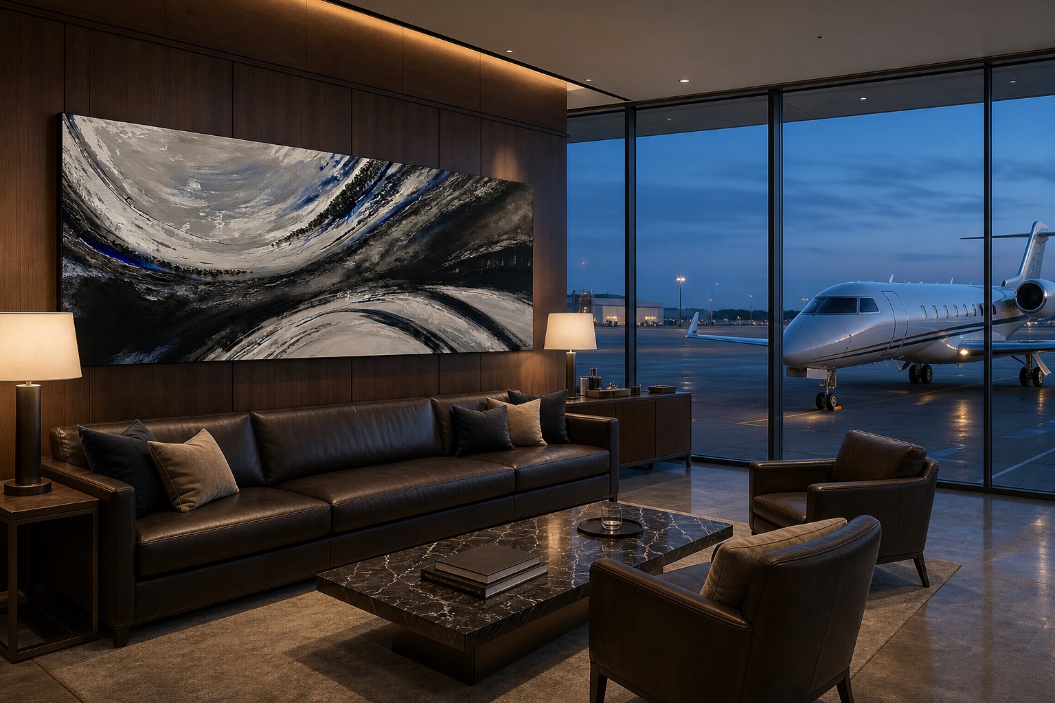 Large original black, white, and cobalt artwork by Dani Abbott in a private aviation lounge overlooking a jet at dusk.