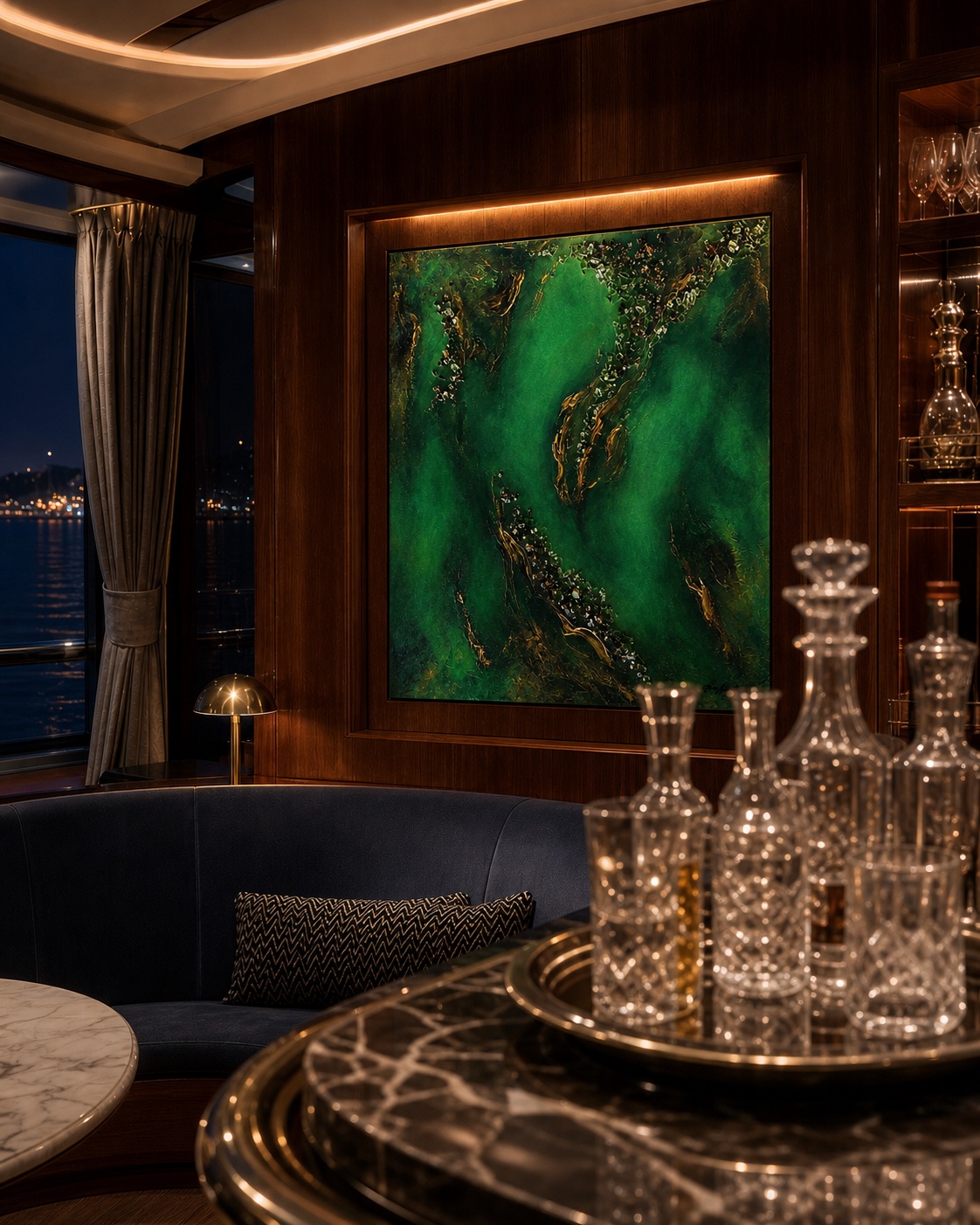 Original Dani Abbott artwork viewed from the bar side of a yacht cocktail salon.