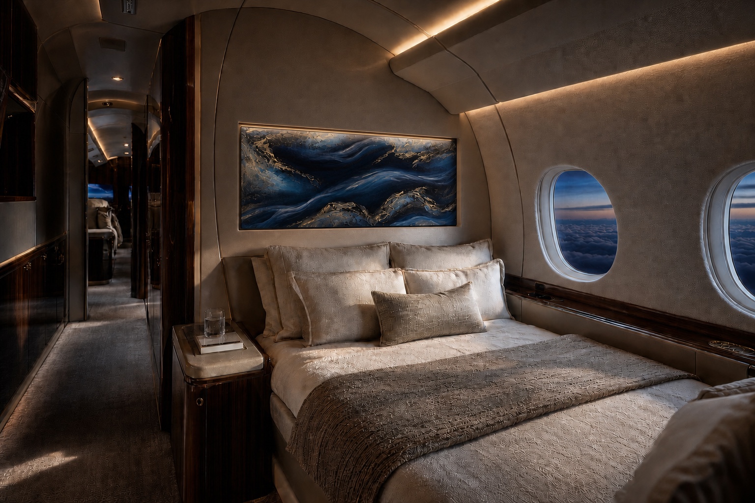 Original deep blue and gold artwork by Dani Abbott set into the wall of a private jet stateroom above the bed.