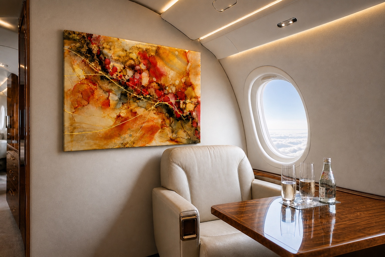 Original artwork by Dani Abbott seen from the cabin table and window, showing scale against the seating.