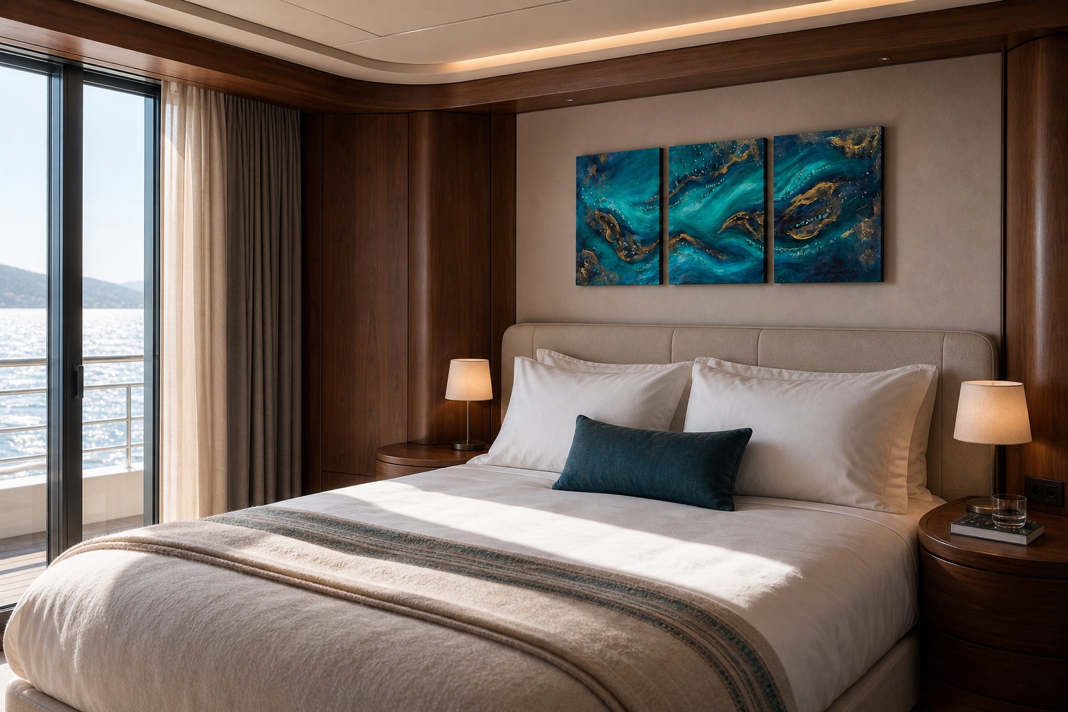 Original three panel teal and gold artwork by Dani Abbott above the bed in a yacht stateroom.