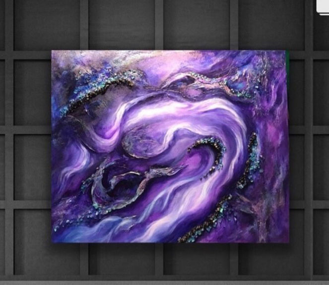 Star Dust by Dani Abbott shown above a bed on a dark paneled wall, demonstrating the scale and dramatic violet color in an interior setting.