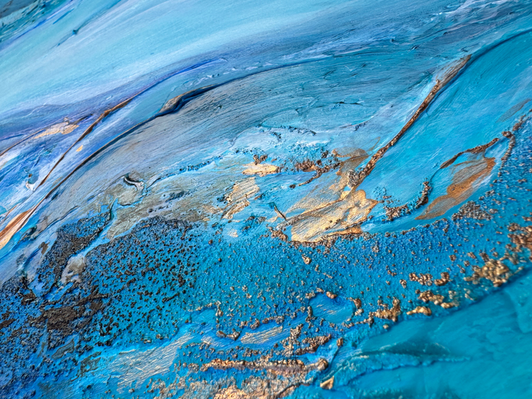 Horizontal detail of Drifting Away by Dani Abbott, showing soft blue movement and textured mixed media brushwork.