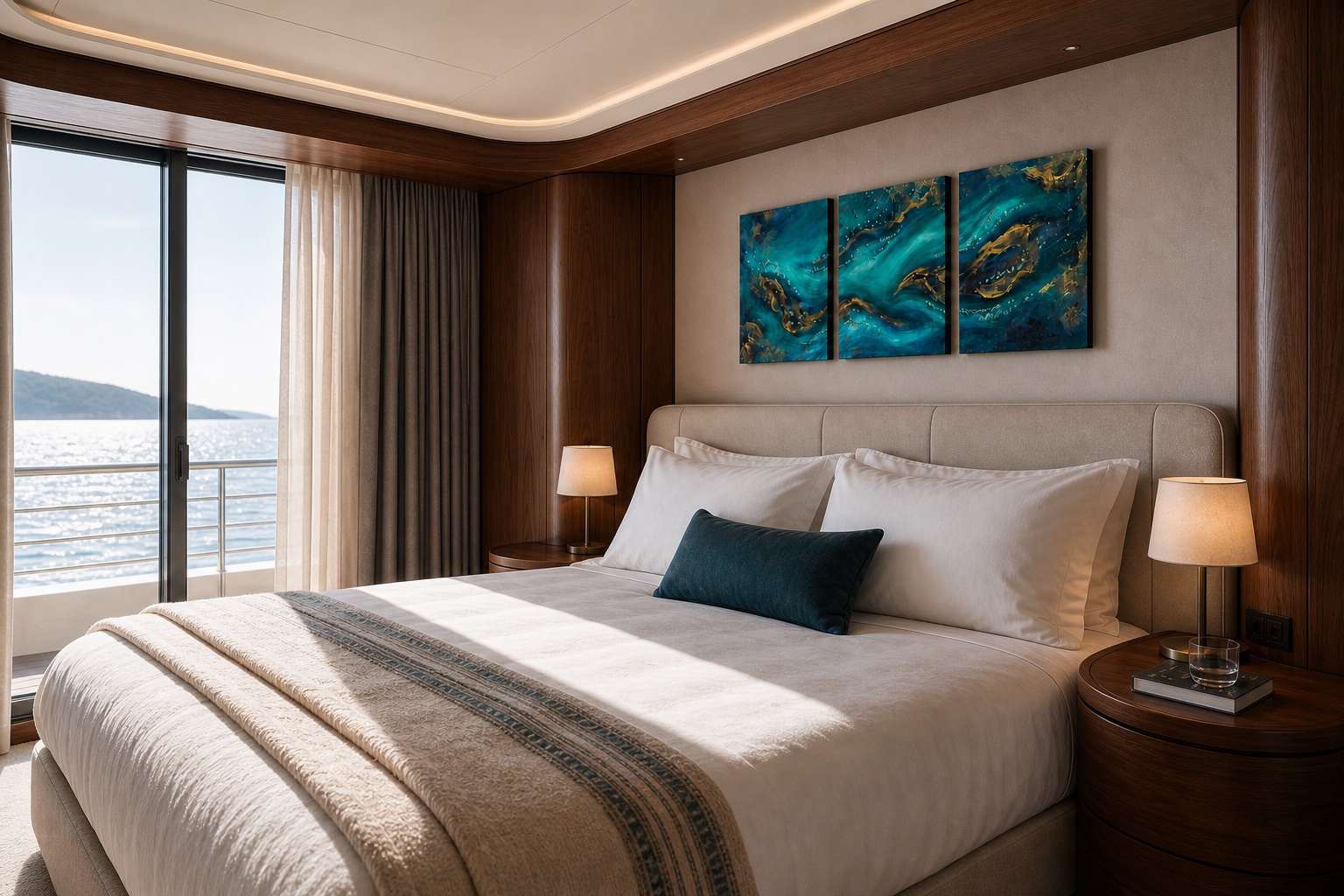 Original three panel artwork by Dani Abbott in a yacht stateroom, side angle showing depth and panel spacing.