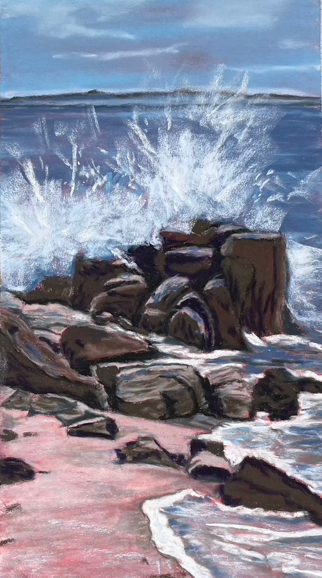 pastel painting of waves splashing on rocks