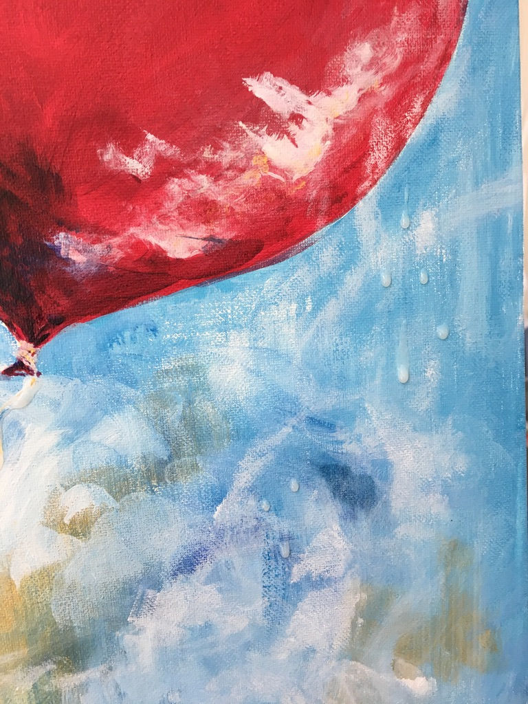 red balloon detail from larger acrylic painting called "untethered" by Lydia Crouch