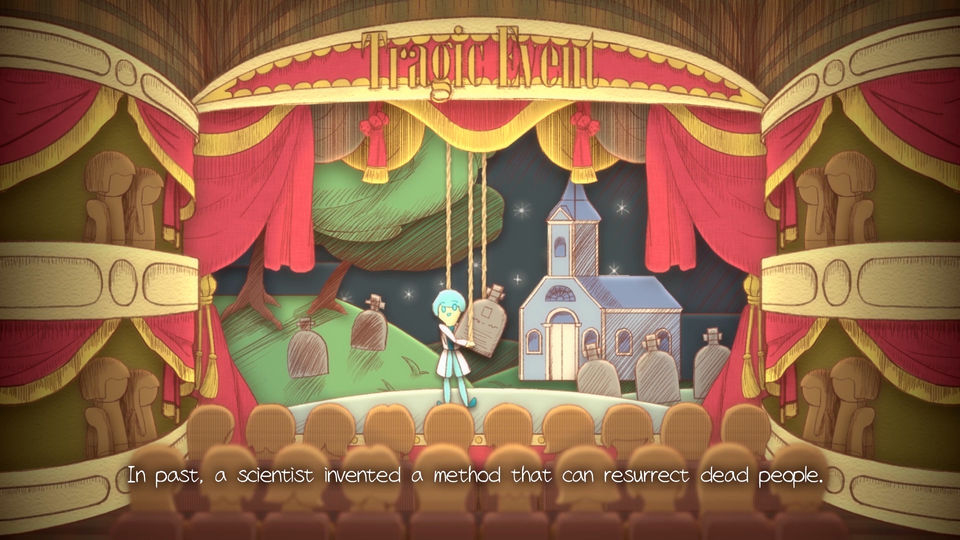 原創動畫畢製作品為了逝者 Dream of Death的封面縮圖,圖中科學家手持一個墓碑,向民眾介紹可以把死者起死回生的新發明。