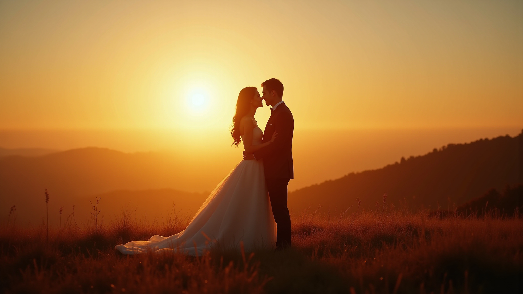 Couple embraces at sunset, silhouette, mountain background, wedding, romance, love.