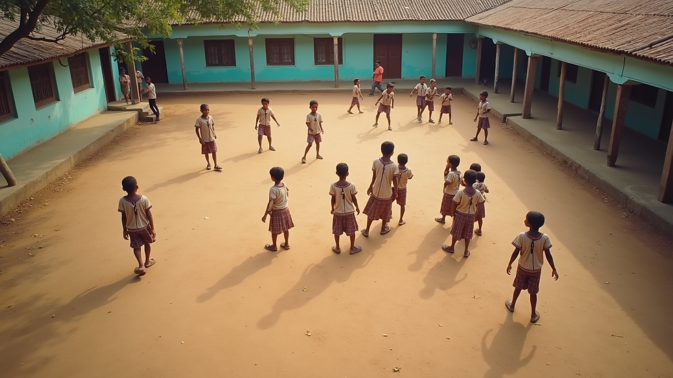 High angle view of a school playground with boys and girls playing together