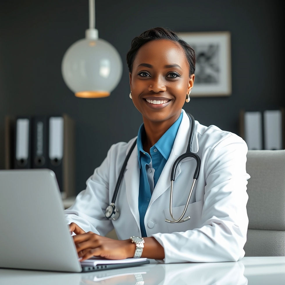 an african american medical professional female more conservative seated behind a desk .