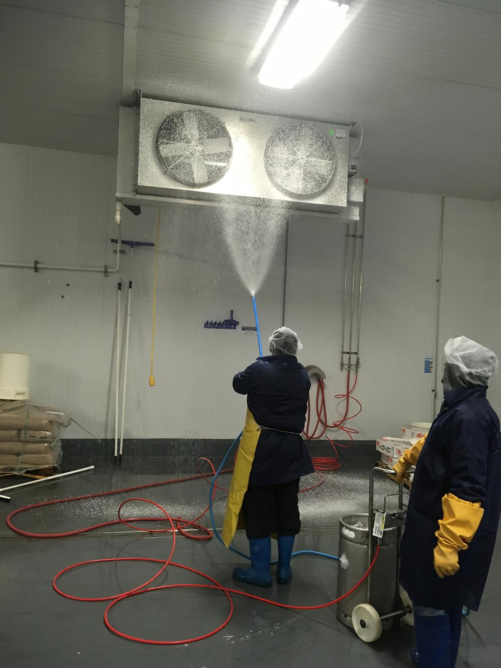 Workers cleaning industrial cooler system