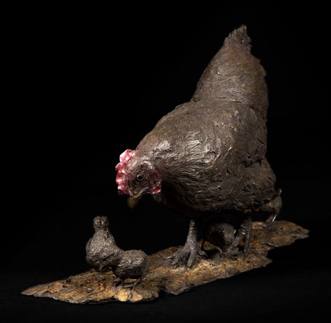 Chicken and chicks, pecking , Limited edition, bronze sculpture 