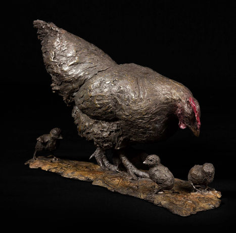 Chicken and chicks, pecking , Limited edition, bronze sculpture 