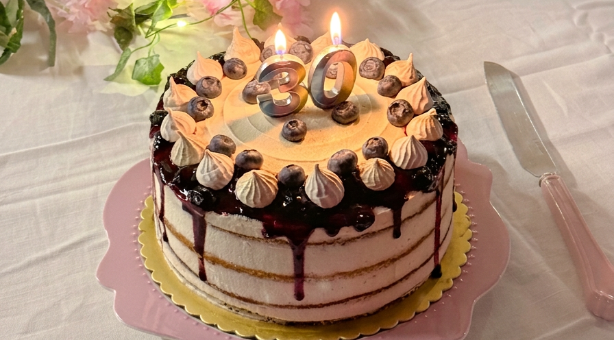 Food photography of a layered birthday cake adorned with blueberries and two lit candles representing the number 30. The festive cake sits on a pink stand, ready for celebration.