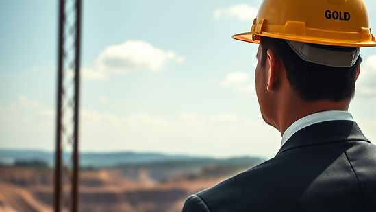 man in a suit with a yellow hard hat looking over a gold mine in the distance.jpg
