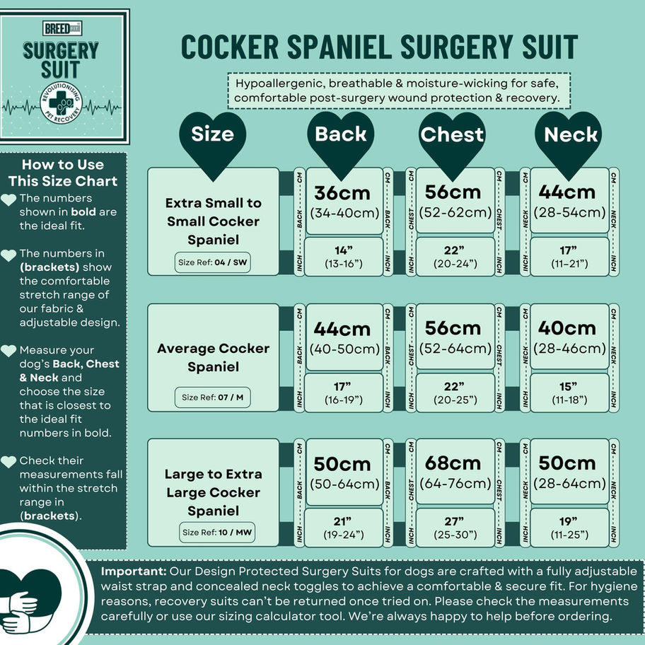 Recovery suit size guide for Cocker Spaniel