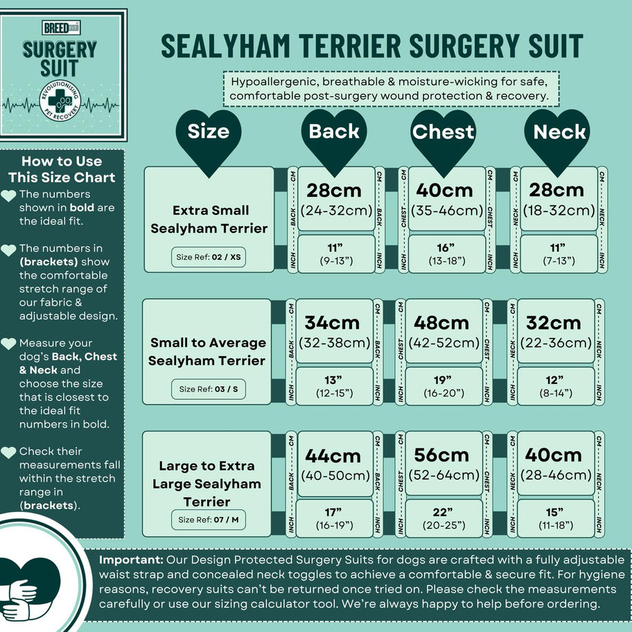 Dog recovery suit size guide specific to Sealyham Terrier