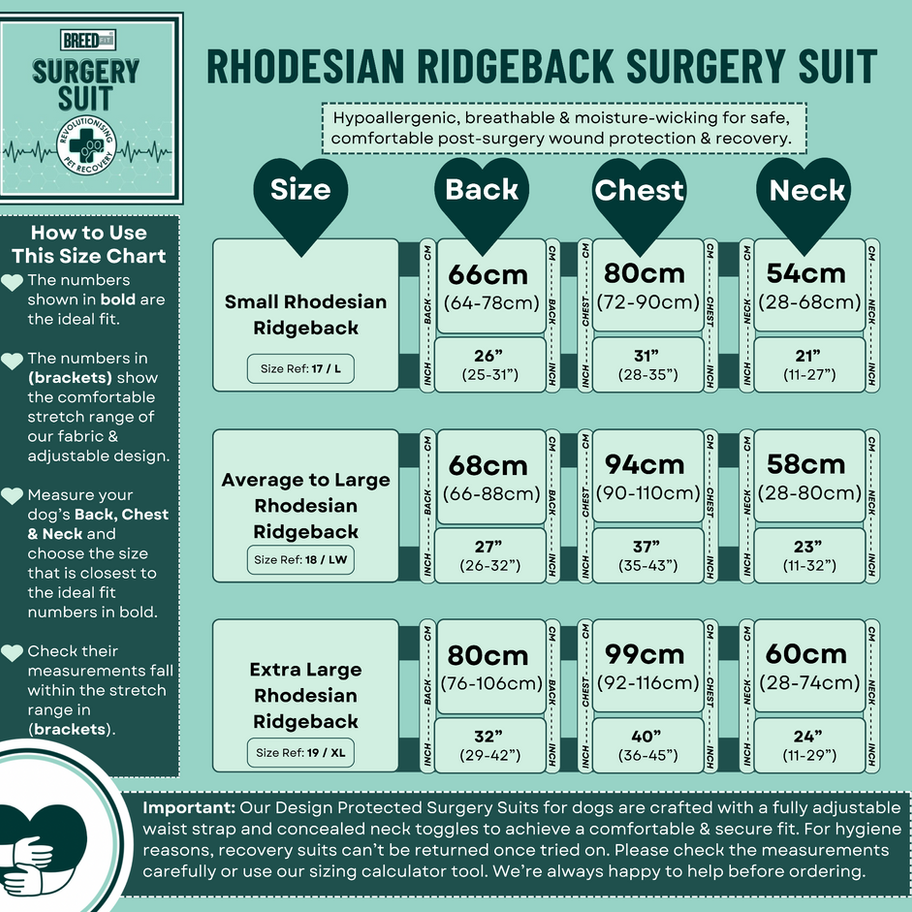 Recovery suit size reference for Rhodesian Ridgeback dogs