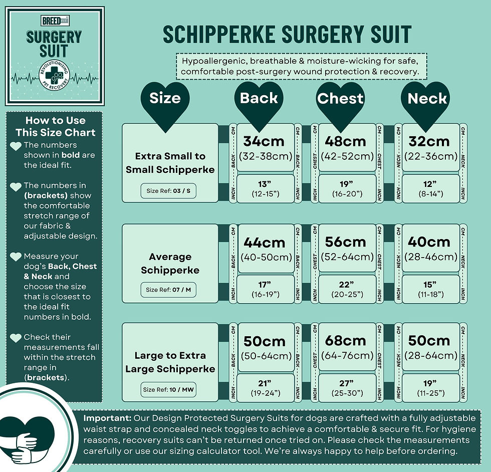 Schipperke dog recovery suit size chart
