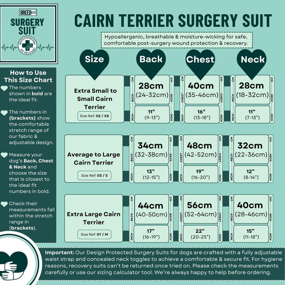Recovery suit size guide for Cairn Terrier