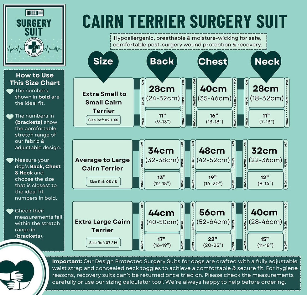 Recovery suit size guide for Cairn Terrier