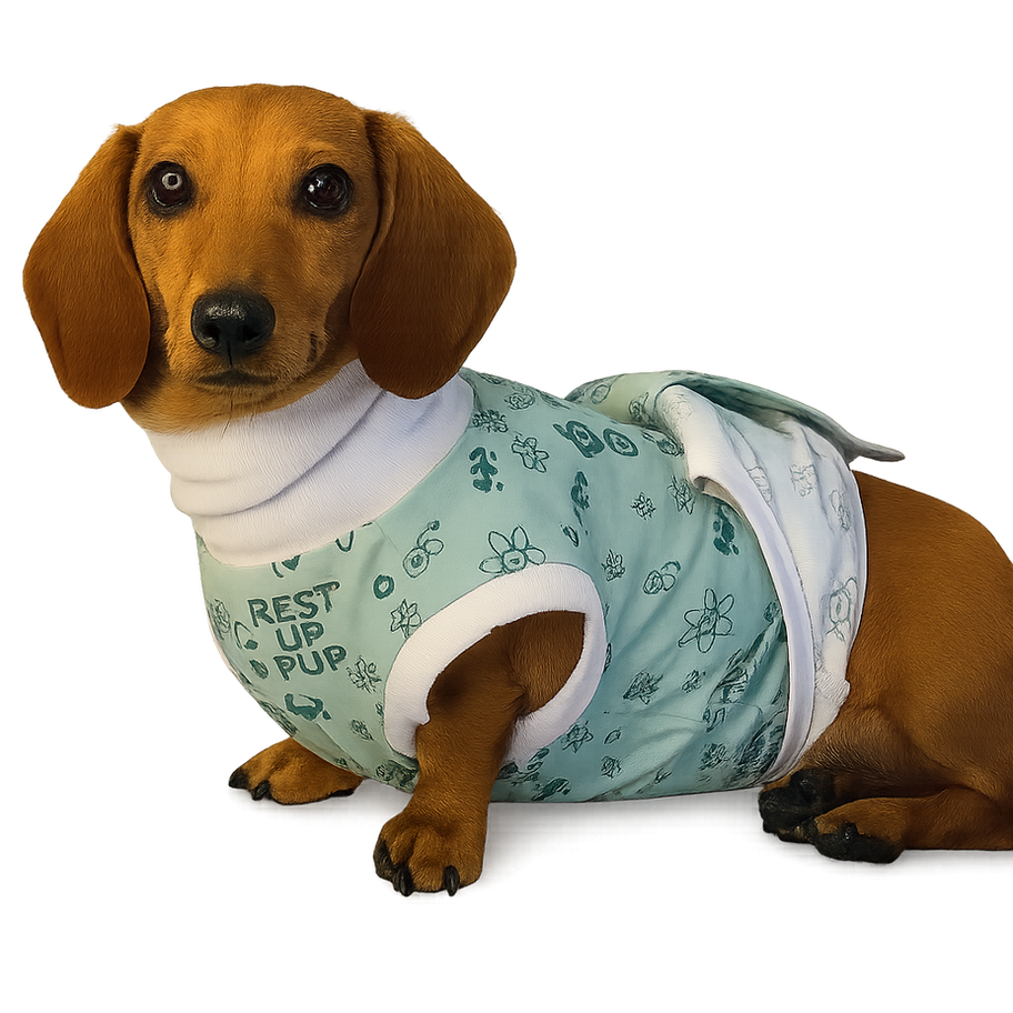 mini dachshund in surgery suit rolled up for easy toileting