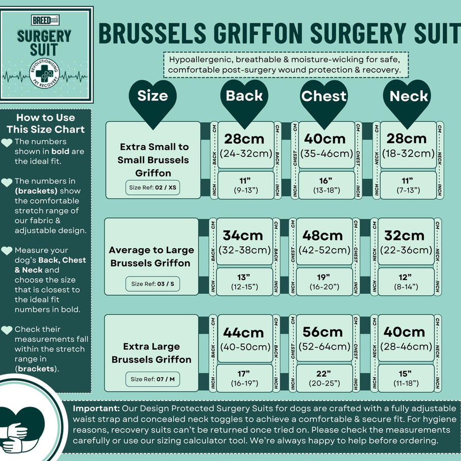 Brussels Griffon dog recovery suit size chart