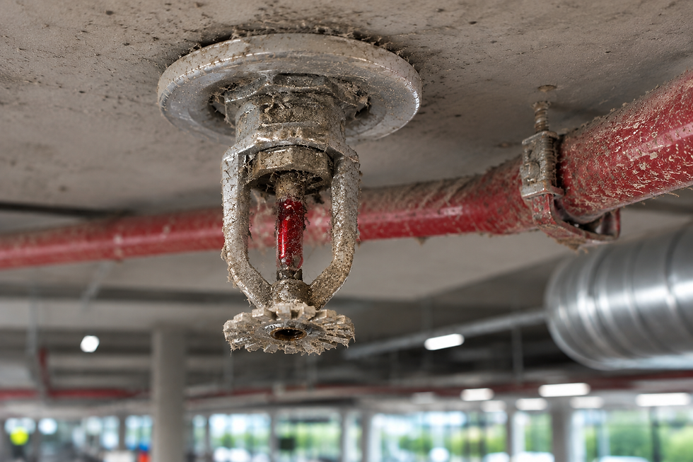 Close-up of a dusty, metal fire sprinkler head with a red glass bulb attached to a concrete ceiling next to a red pipe in an industrial setting.