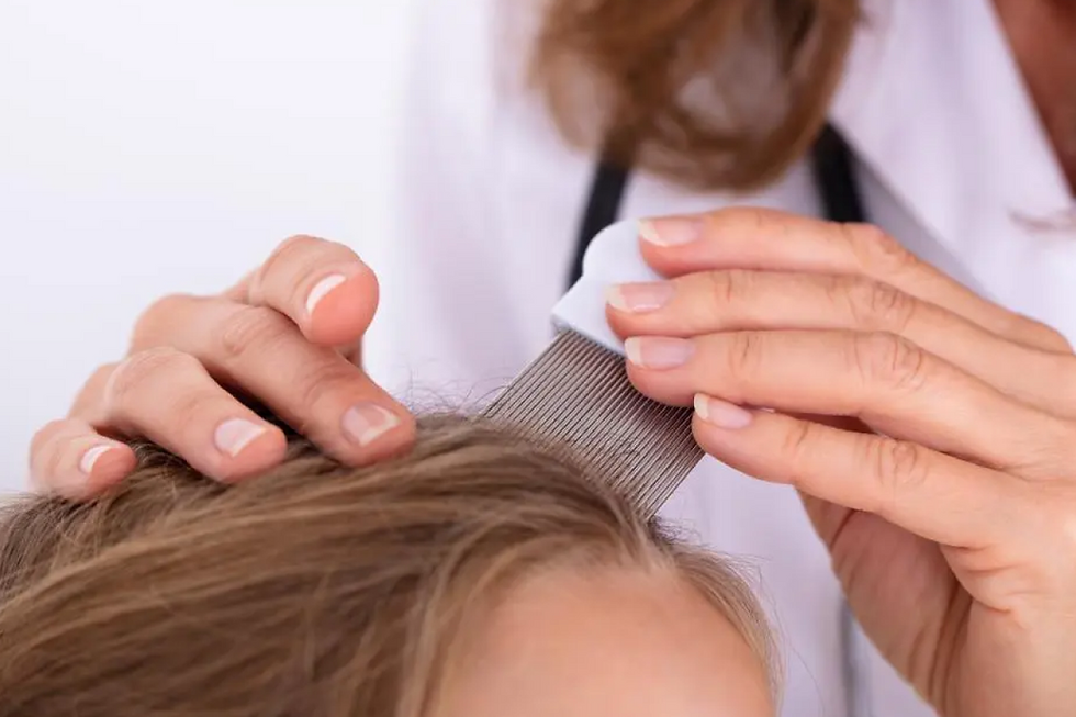 Close-up of hands carefully guiding a metal fine-toothed comb through a person's light brown hair.