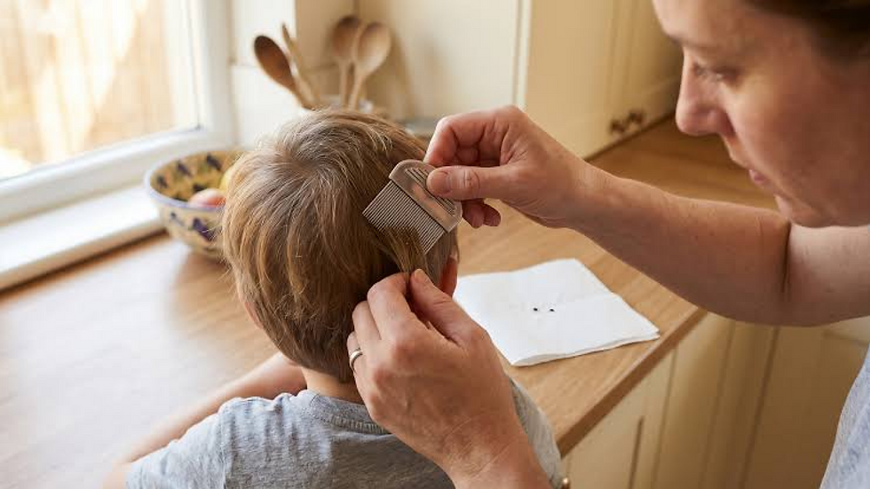 A woman carefully parting and inspecting a young blonde girl's hair for lice and nits.