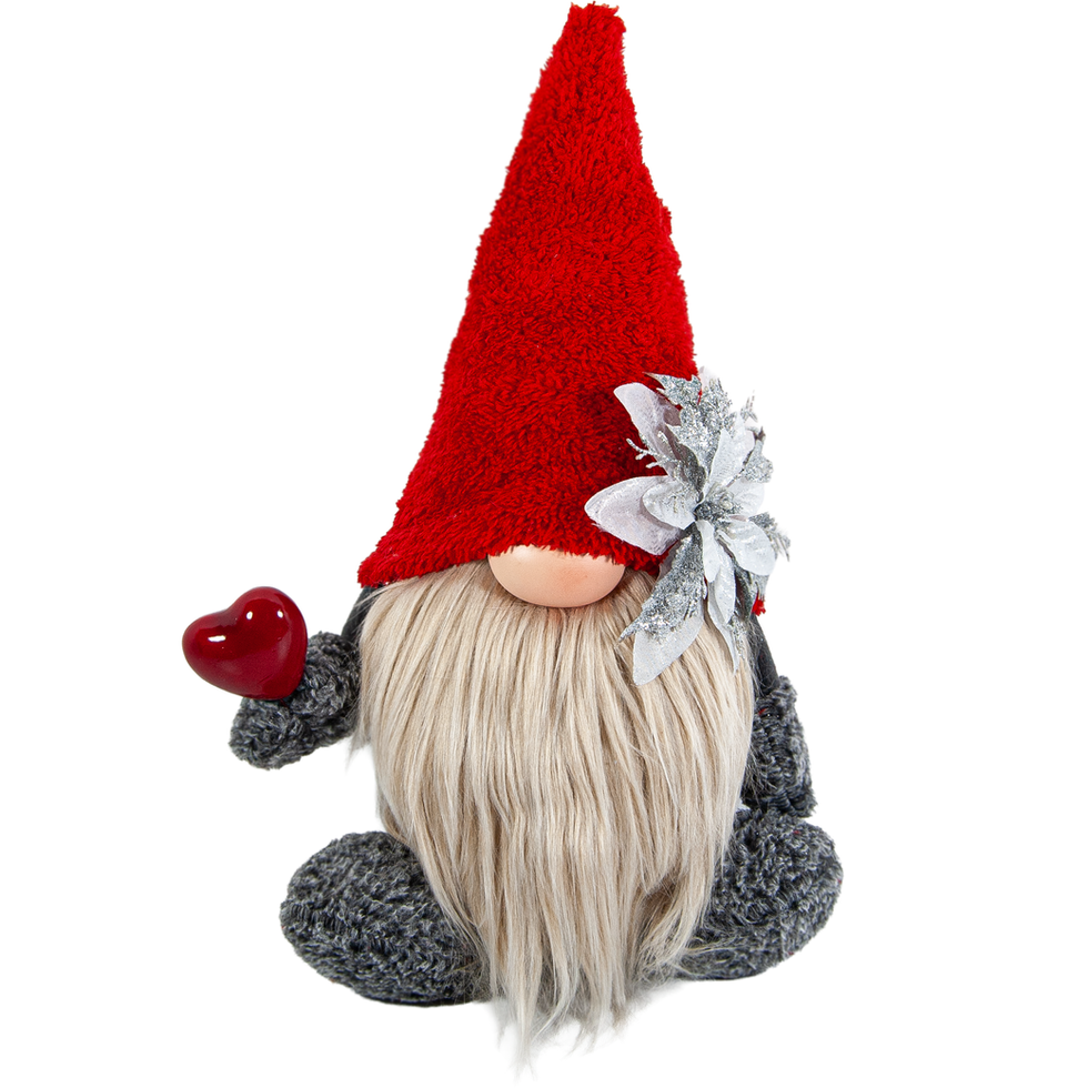 Kırmızı Şapkalı Kalp Tutan Cüce Figürü - Peluş Sevgililer Günü Hediyesi - Ön Görünüm