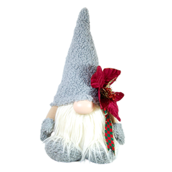 Gri dokulu şapkası ve uzun beyaz sakallarıyla el yapımı peluş figür cüce tasarımının ön cepheden görünümü.