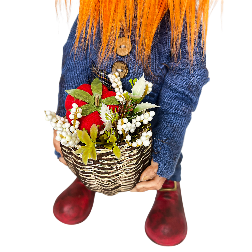 Mavi Şapkalı Kızıl Sakallı Çiçek Taşıyan Cüce Figürü - Sepet Detay