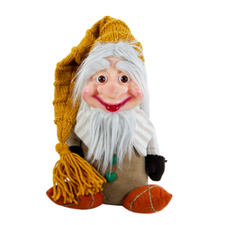 Hardal sarısı örgü şapkalı, gri çizgili gömlekli bilge cüce 3d el yapımı figür tasarımının tam karşıdan görünümü.