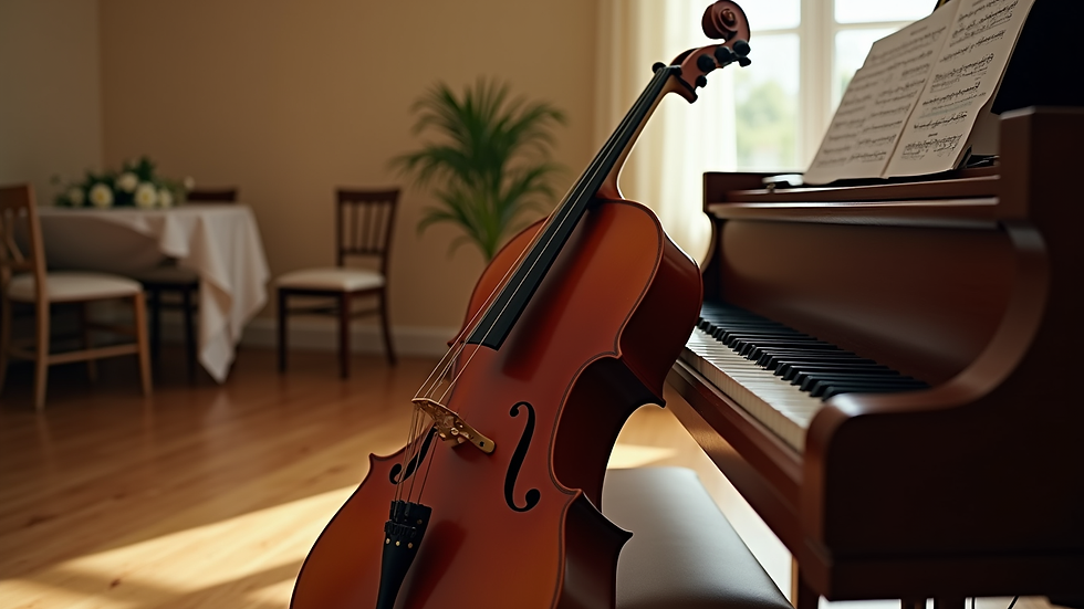 Close-up view of a cello and piano set up for a wedding ceremony