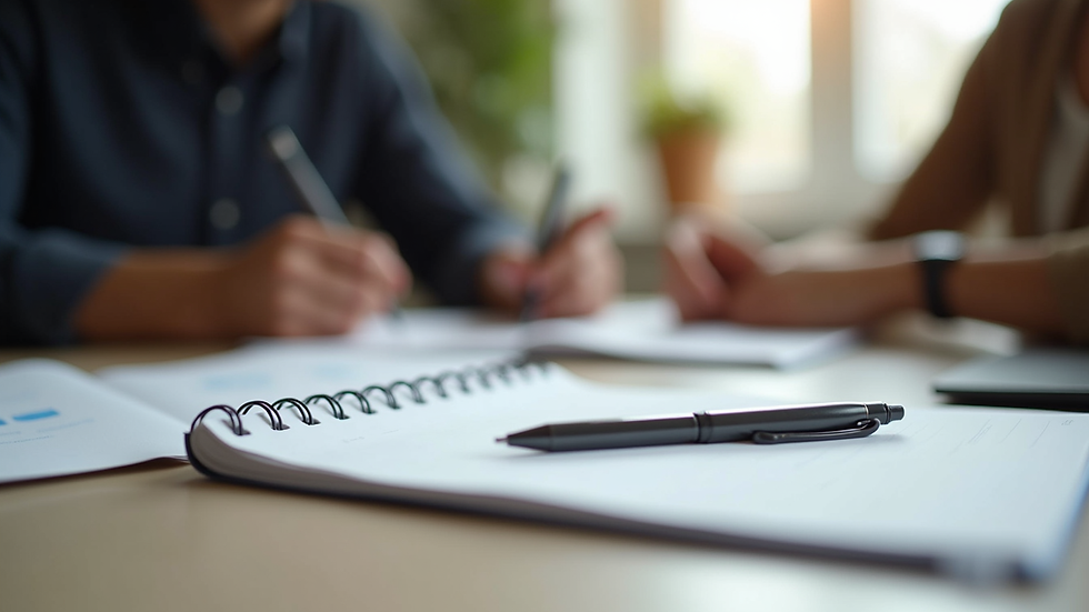 Close-up view of a notebook and pen on a table during a therapy session