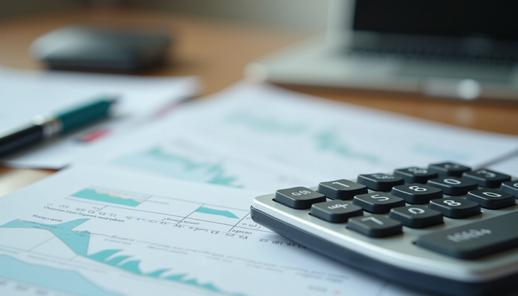 Vue en plongée d’un bureau avec documents financiers et calculatrice