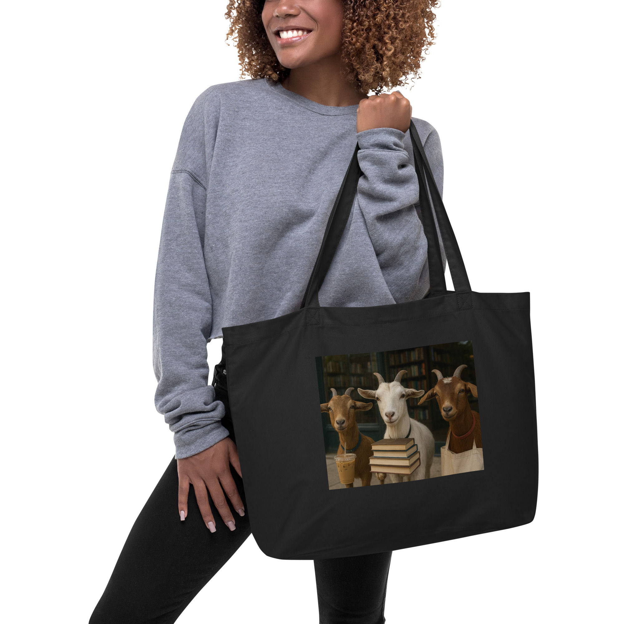 Large Goat tote bag (with Books and Iced Coffee)